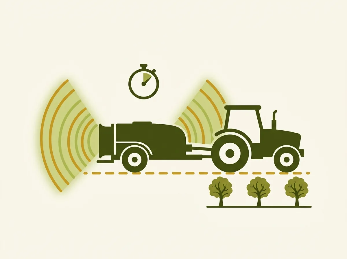 Diagram of an airblast orchard sprayer catch test: a tractor-towed airblast unit aiming a fan-shaped spray pattern sideways at a row of trees, with row spacing marked and a stopwatch timing the total output.