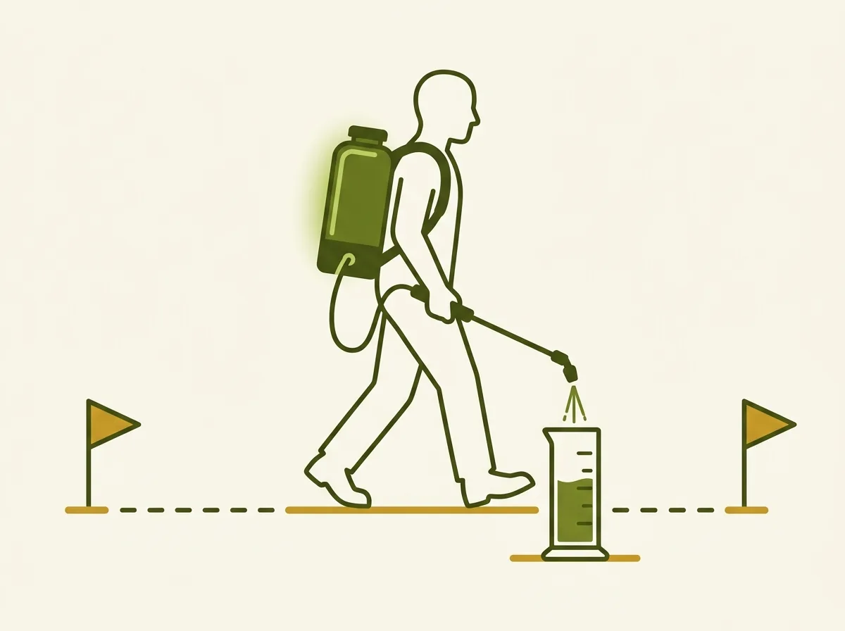 Diagram of a backpack sprayer catch test: a person wearing a backpack sprayer walks a short measured course marked by two flags while the nozzle's output streams into a graduated collection container at the course's midpoint.