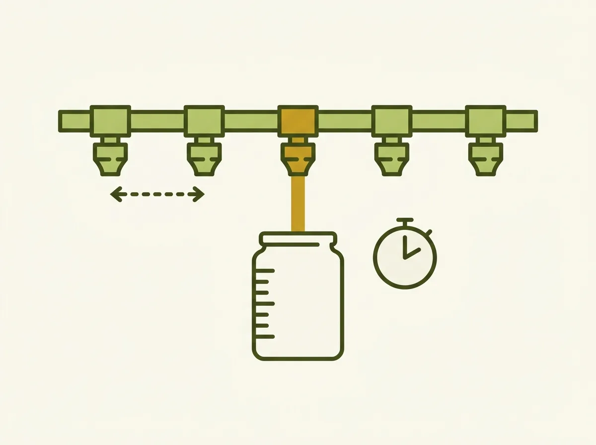 Diagram of a boom sprayer catch test: a spray boom with several evenly spaced nozzles, one nozzle highlighted with its output streaming into a graduated collection jar timed with a stopwatch.