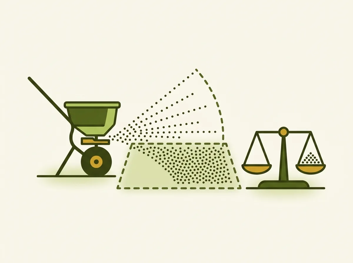 Diagram of a granular spreader catch test: a hopper spreader casting granules across a measured plot marked with dashed boundary lines, next to a balance scale weighing the collected catch.