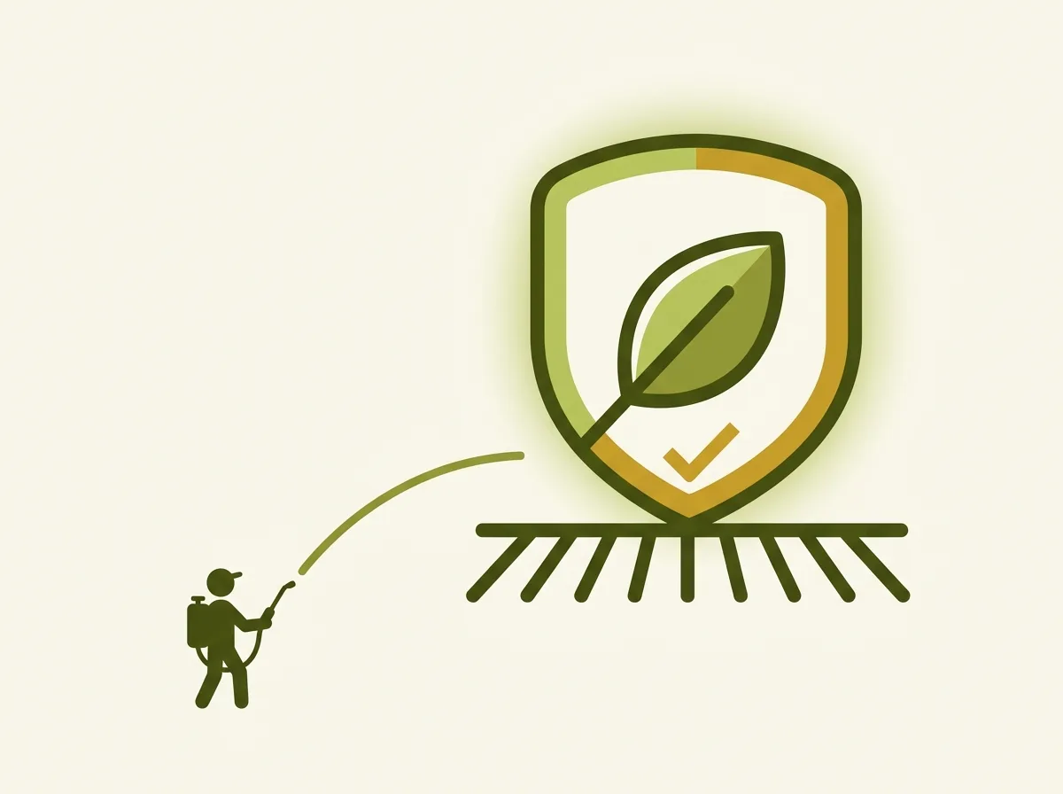 An applicator with a backpack sprayer applying a treatment toward a leaf nested in a shield with a pass check, standing above a row of treated field furrows: protect what you treat, verified.